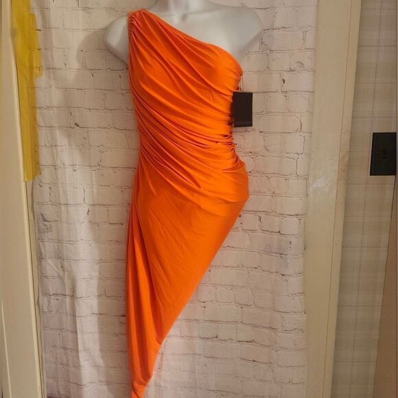 NWT Norma Kamali "Diana" Orange One Shoulder Mini Ruched Dress sz.XS Ret $245 - Picture 3 of 9